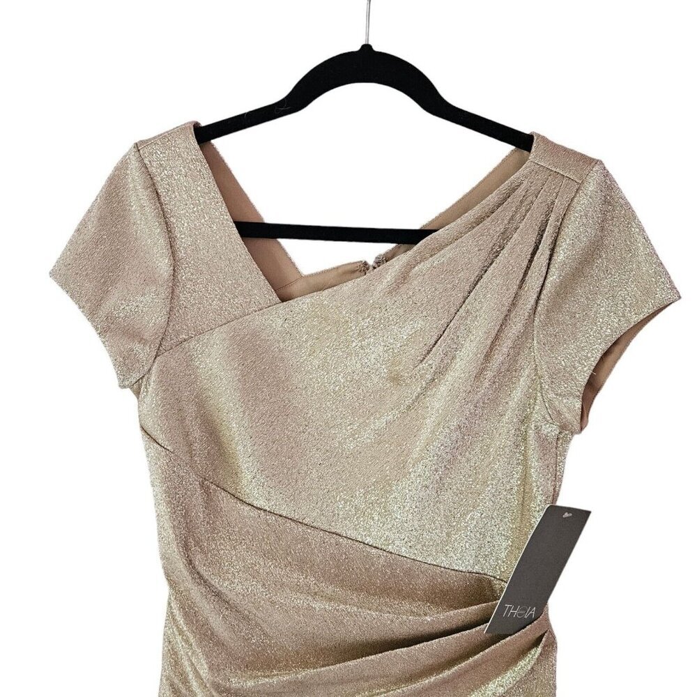 THEIA Gold Sparkle draped short sleeve midi party cocktail dress size 8 NWT - Picture 5 of 13